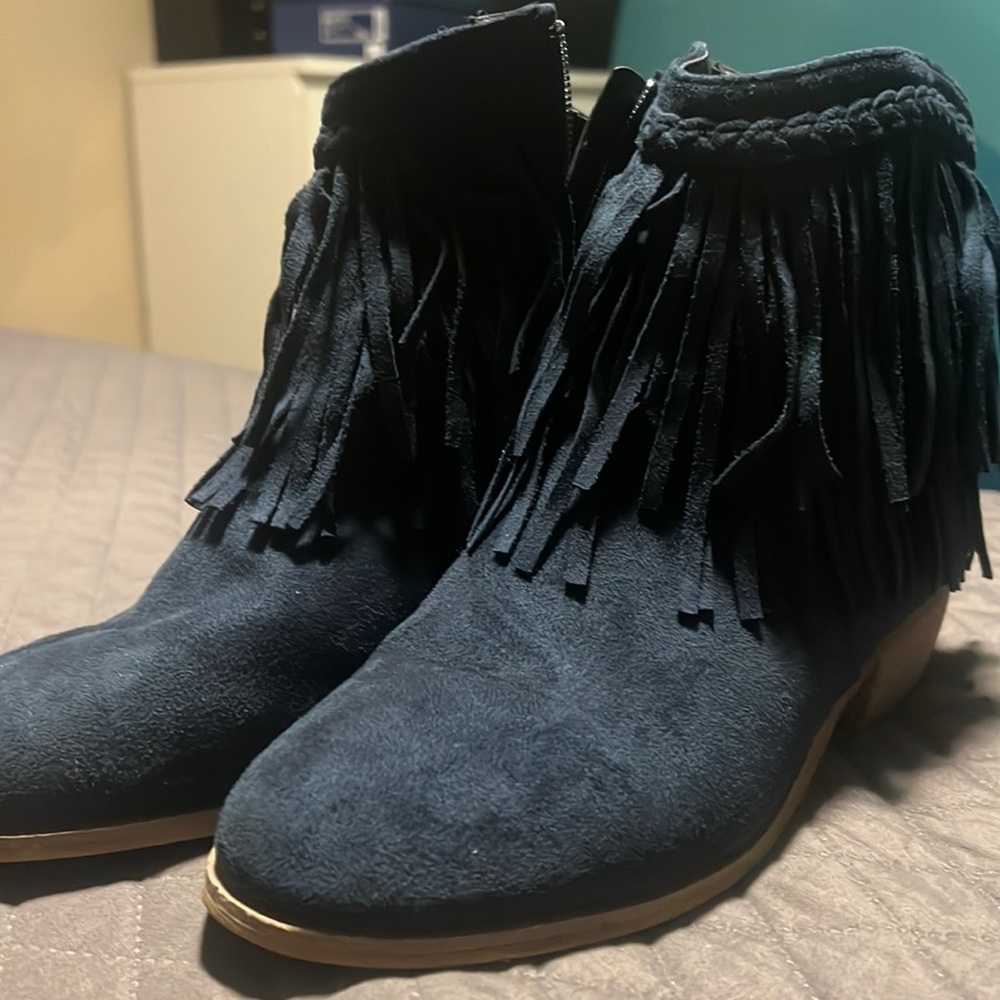 Navy fringe ankle booties